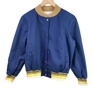 Maison Kitsuné Boys SZ M Varsity Jacket Navy Yellow Trim Snap Front Lined EUC